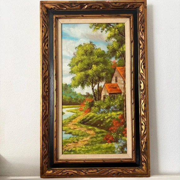 Vintage nature original painting in wooden frame home decor wall hanging art - Picture 1 of 4